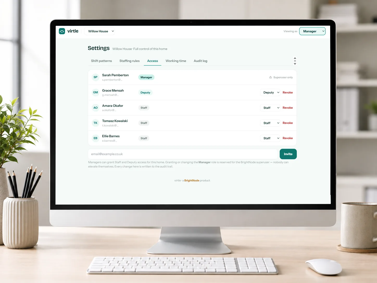 Virtle's access settings: each person's role in the home — manager, deputy or staff — with a note that granting the manager role is reserved for the BrightNode superuser and every change is written to the audit trail.